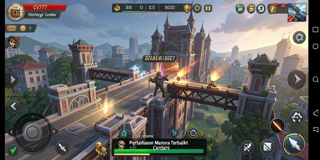 Screenshot gameplay CV777 menampilkan aksi pertahanan menara yang mendebarkan.