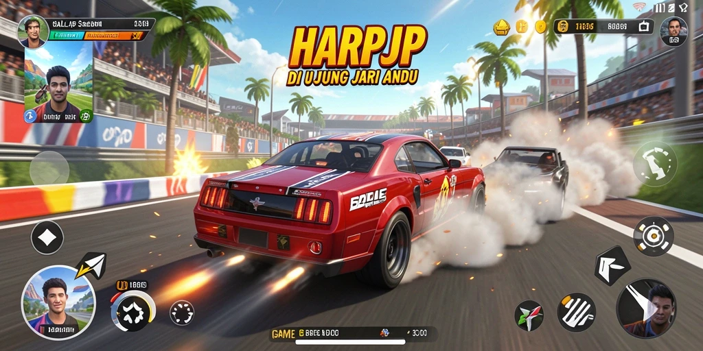 Gameplay balap mendebarkan dalam HARAPJP dengan mobil kencang.