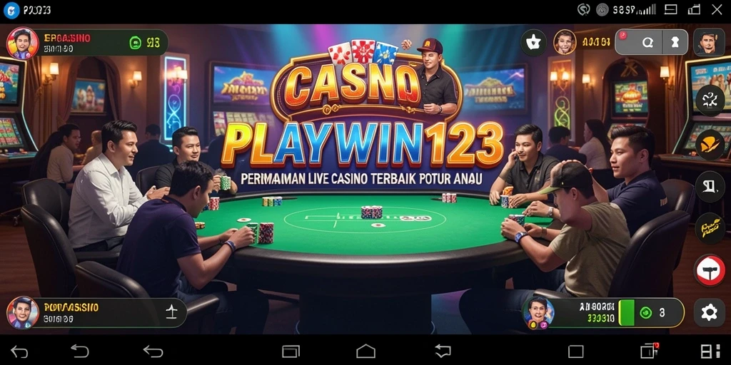 Screenshot utama PLAYWIN123 menampilkan dealer cantik dan permainan yang menarik.