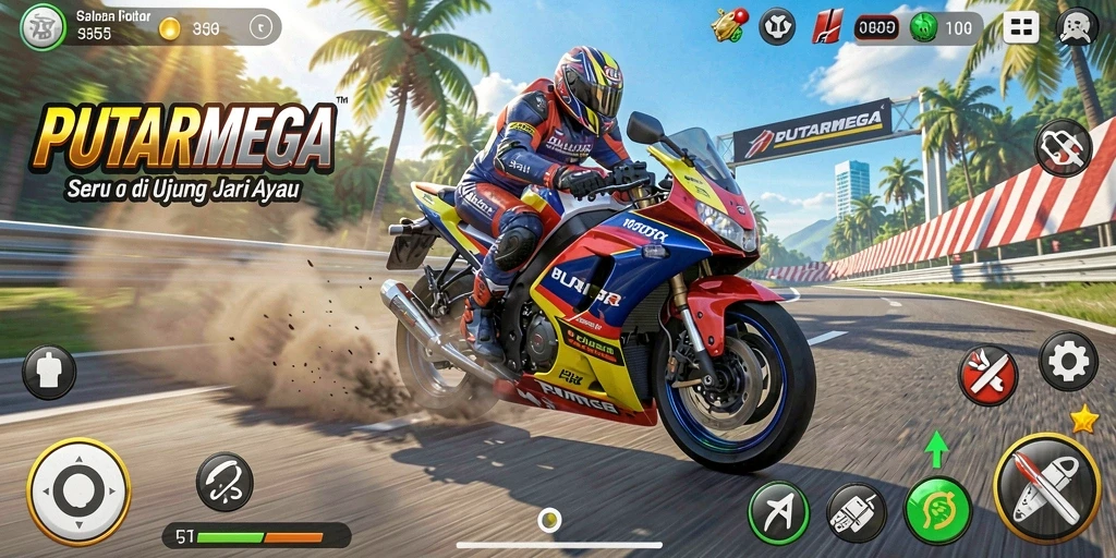 Screenshot PUTARMEGA menampilkan aksi balap motor yang mendebarkan.